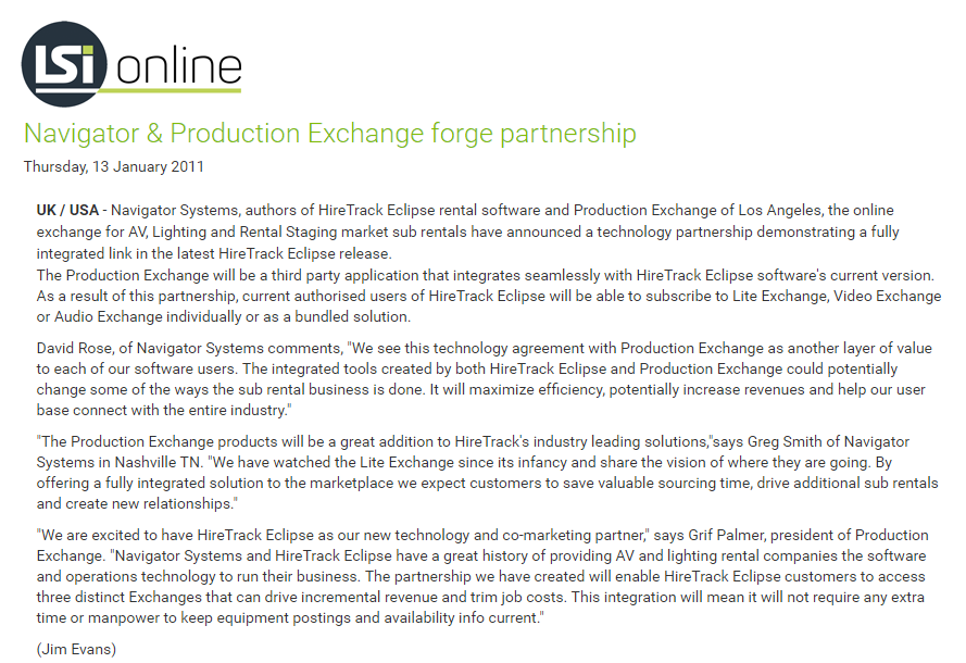 2011 – Production Exchange partnership